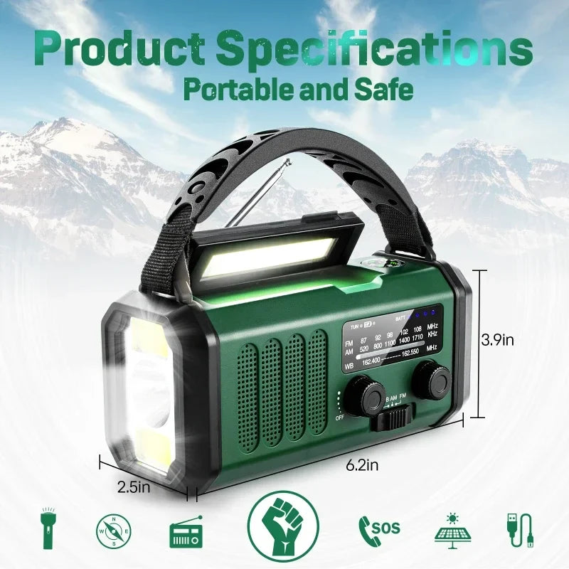NNEOBA Emergency Weather Radio Solar Hand Crank Green