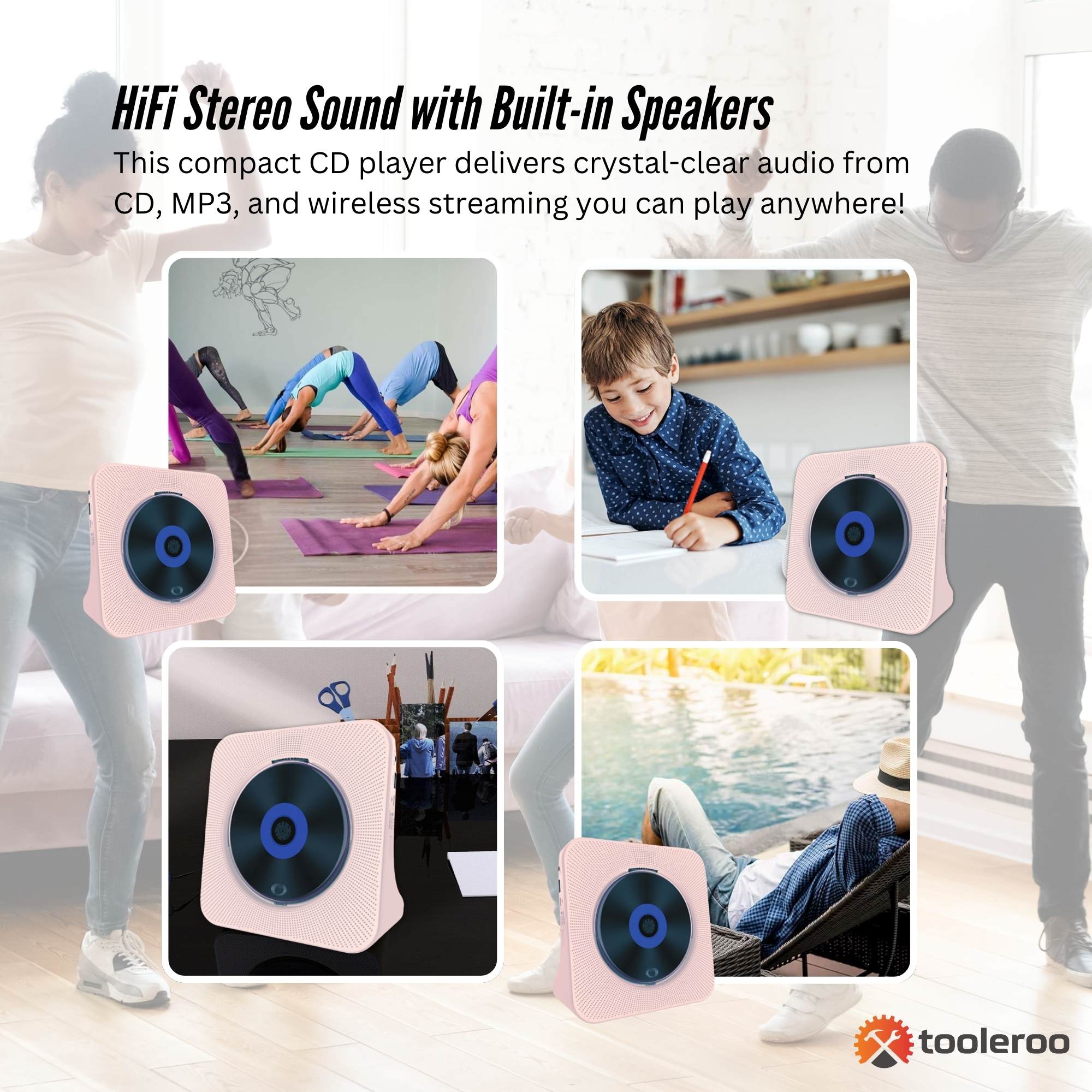 Tooleroo USB Rechargeable Desktop CD Player Speaker – Bluetooth Portable Pink-2